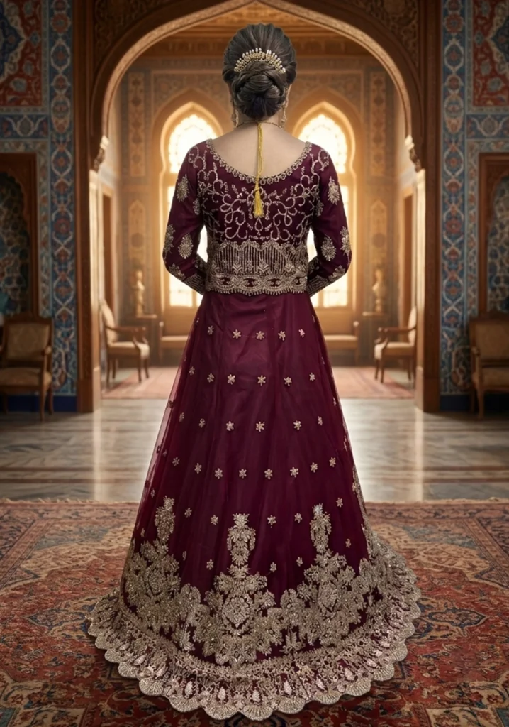 Dark Maroon Net Lehnga With Jewellery Material & Khatan Silk | Al Hassan Lehnga | Pakistan