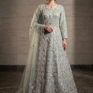 Front view of Ice Blue Net Maxi with heavy handwork by AL Hassan Lehnga House