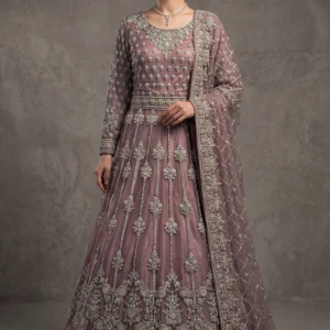 Lilac hand-made net maxi with jewellery material work by AL Hassan Lehnga House