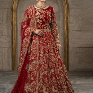 Red bridal lehenga with jewellery material work by AL Hassan Lehnga House
