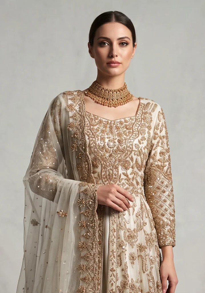 Meher Peach Net Tail Maxi | AL Hassan Lehnga House