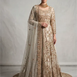 Front open peach net maxi with jewellery material work by AL Hassan Lehnga House