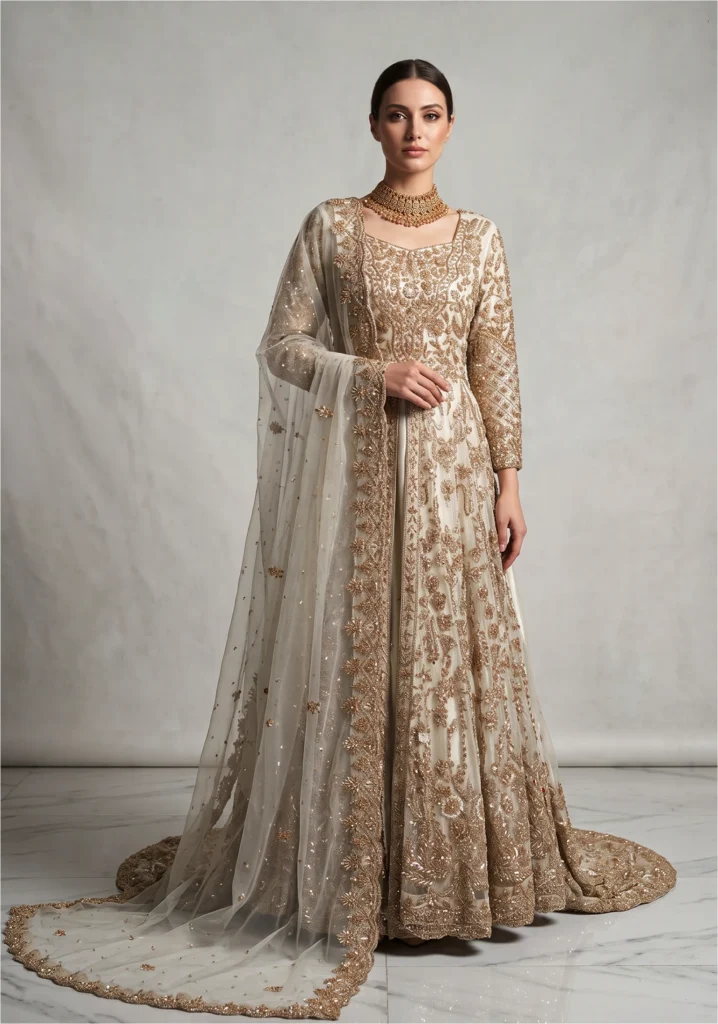 Meher Peach Net Tail Maxi | AL Hassan Lehnga House