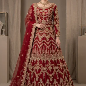Red lehnga front and back same design with 4-side border dupatta jewellery material