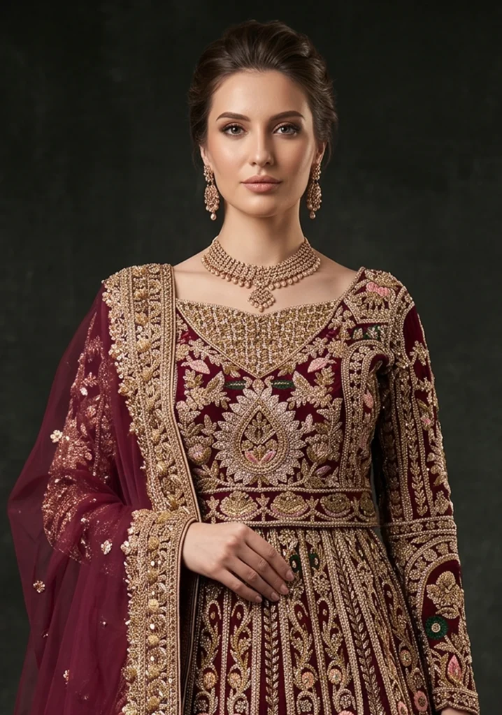 Ruby Radiance Maroon Net Bridal Lehenga | AL Hassan Lehnga House