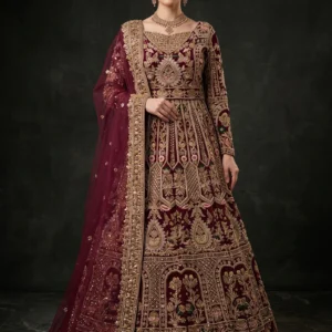 Ruby Radiance Maroon Net Lehenga with Jewellery Material Work by AL Hassan Lehnga House