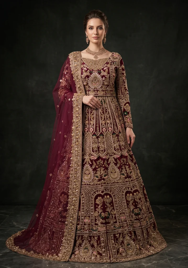 Ruby Radiance Maroon Net Bridal Lehenga | AL Hassan Lehnga House