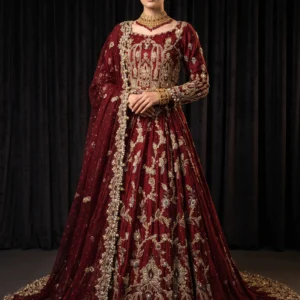 Front view of maroon khaadi net bridal lehnga with jewellery work by AL Hassan Lehnga House