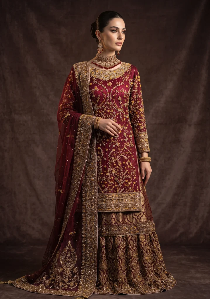 Shehnai Maroon Silk Bridal Set | AL Hassan Lehnga House