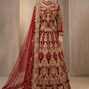 Front view of Shehnaz red net bridal dress with jewelry material work by AL Hassan Lehnga House
