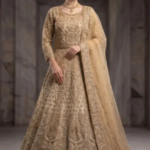 Golden net maxi with jewellery material work by AL Hassan Lehnga House