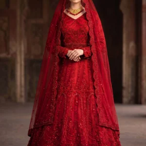 Surkh-e-Laal Blood Red Bridal Set with jewelry material work by AL Hassan Lehnga House