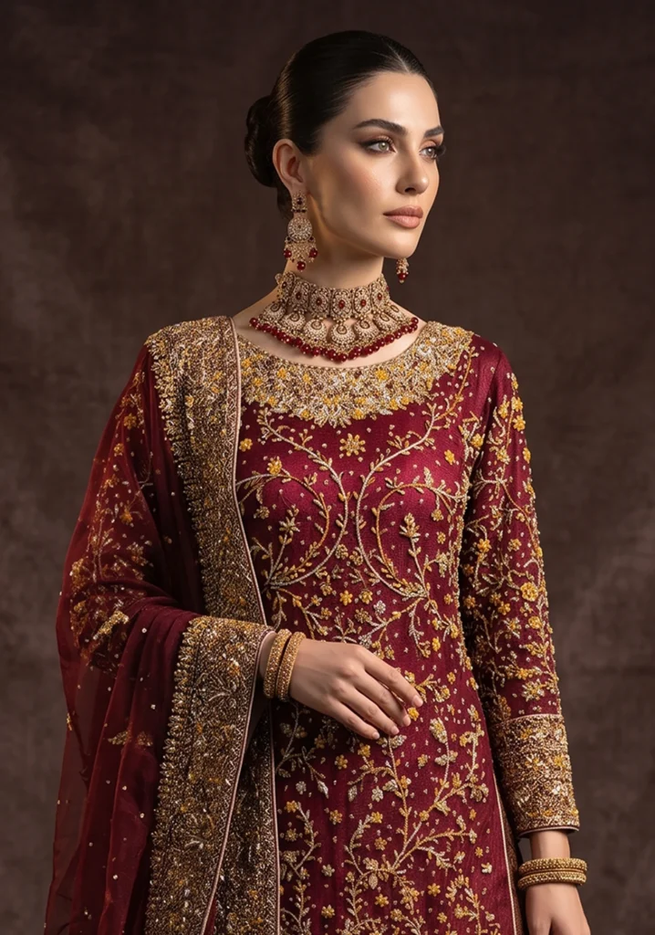 Shehnai Maroon Silk Bridal Set | AL Hassan Lehnga House