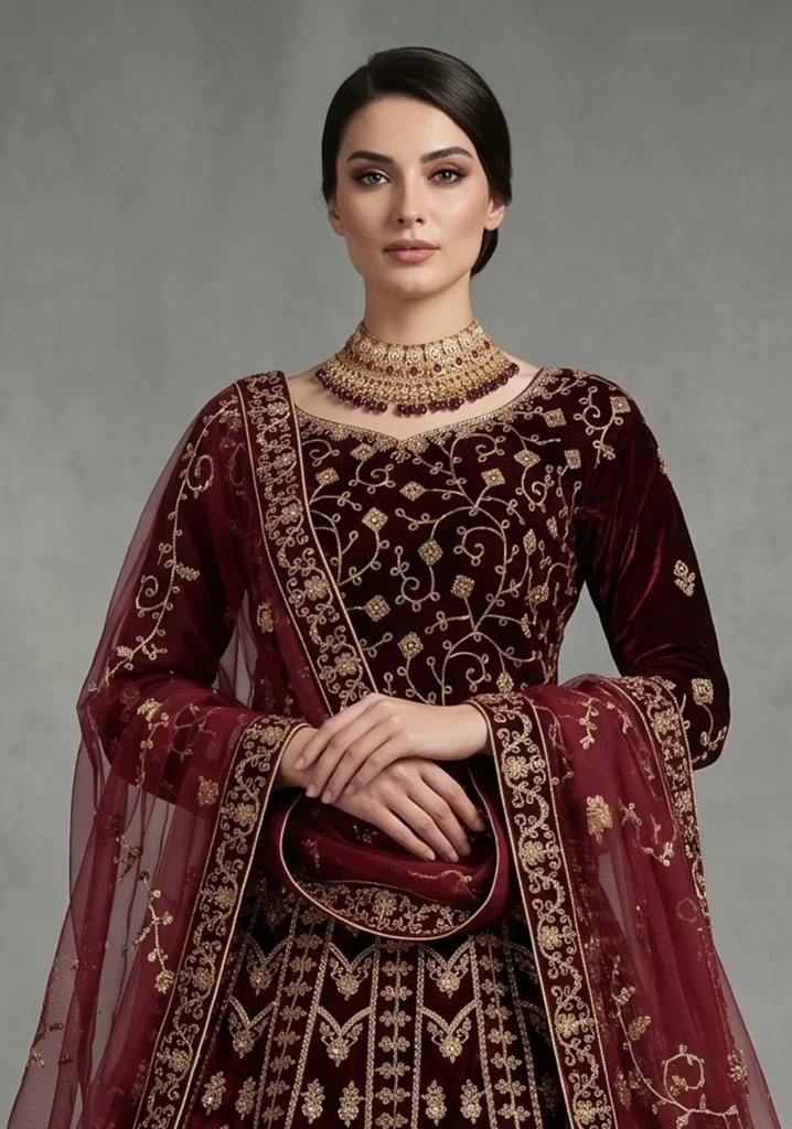 Heer Maroon Velvet Bridal Lehnga | AL Hassan Lehnga House