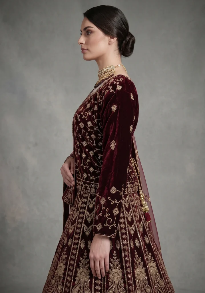 Heer Maroon Velvet Bridal Lehnga | AL Hassan Lehnga House