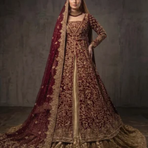 Maroon Tassar Silk front open gown with jewelry material work