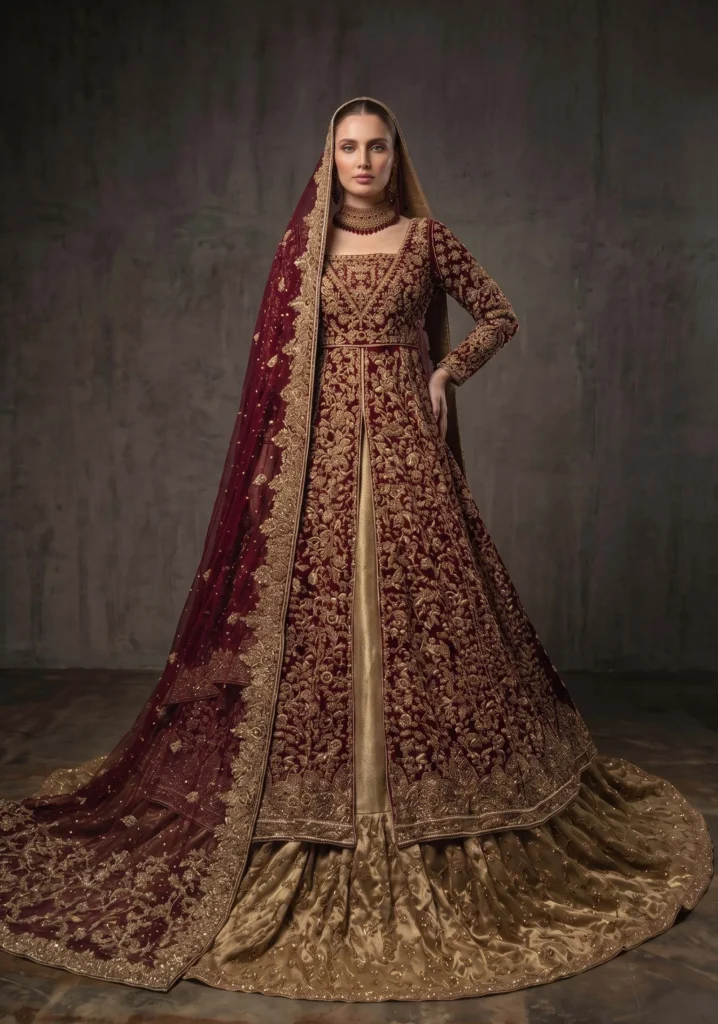 Zayna Maroon Silk Open Gown Set | AL Hassan Lehnga House