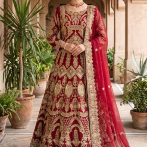 Maroon Chiffon shirt with Khatan Silk base and jewelry material work by AL Hassan Lehnga House