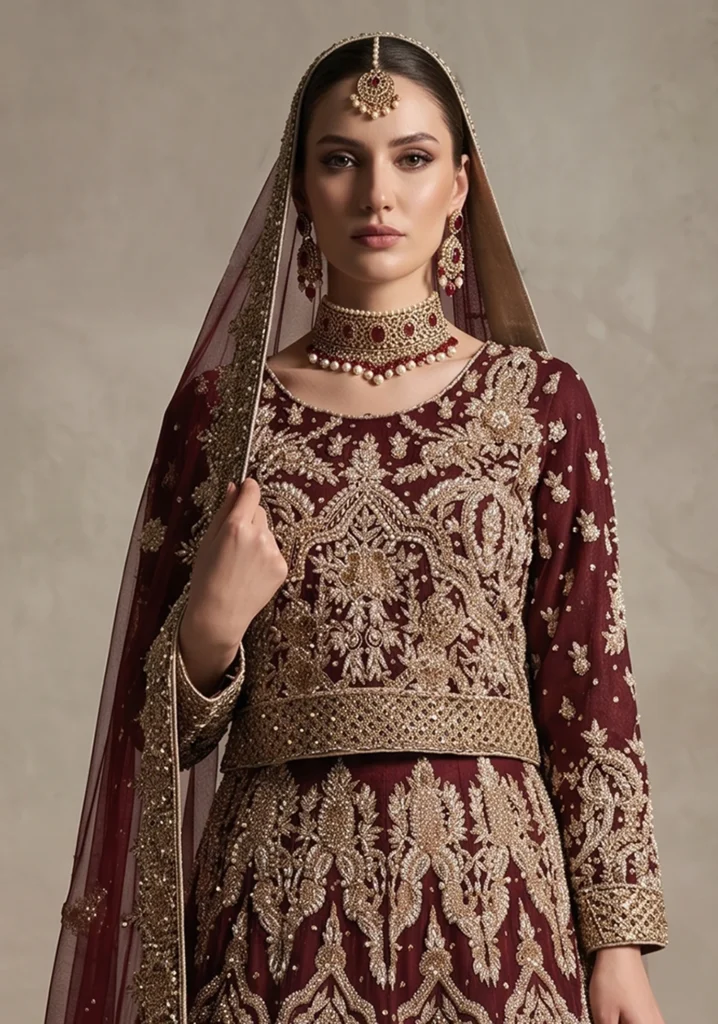 Zoya Maroon Net & Khatan Silk Bridal Lehnga | AL Hassan Lehnga House