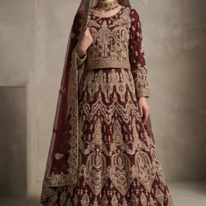 Front view of Zoya Maroon Net and Khatan Silk Bridal Lehnga by Al Hassan Lehnga House