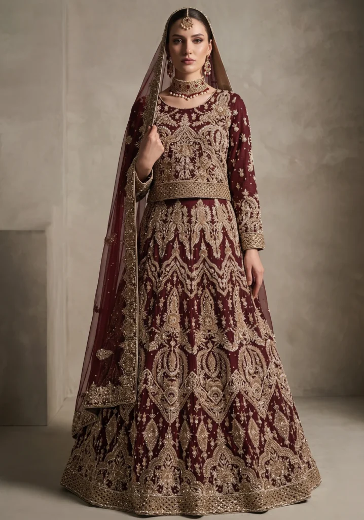 Zoya Maroon Net & Khatan Silk Bridal Lehnga | AL Hassan Lehnga House