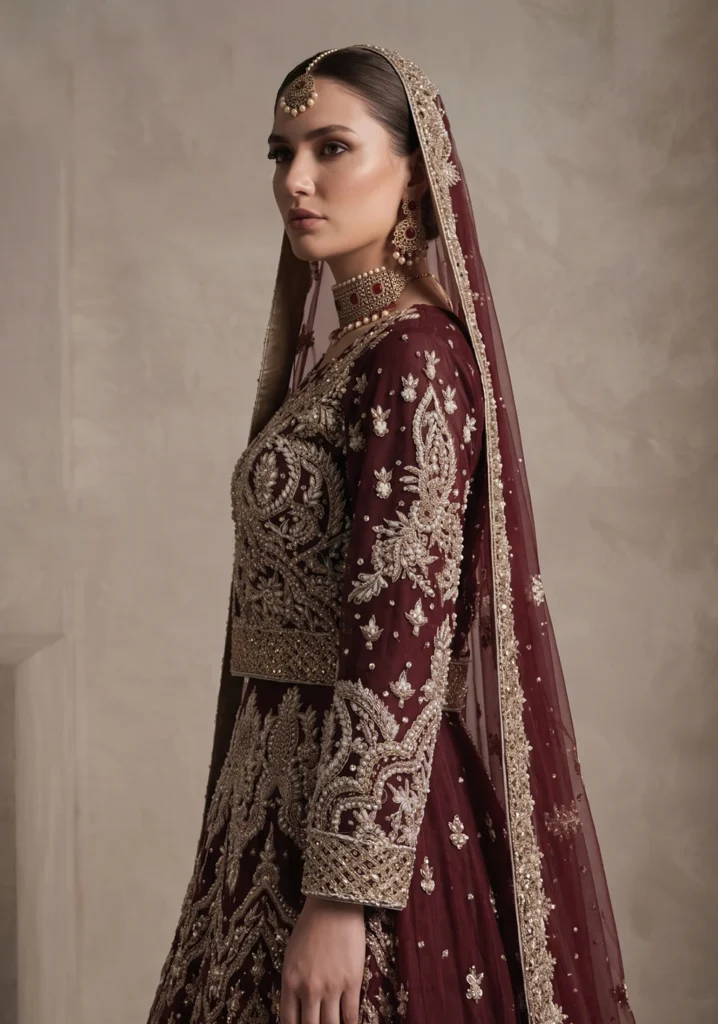 Zoya Maroon Net & Khatan Silk Bridal Lehnga | AL Hassan Lehnga House