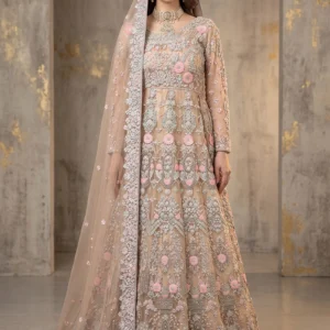 Front view of Zoya Rose Gold Net Maxi with jewelry handwork by AL Hassan Lehnga House