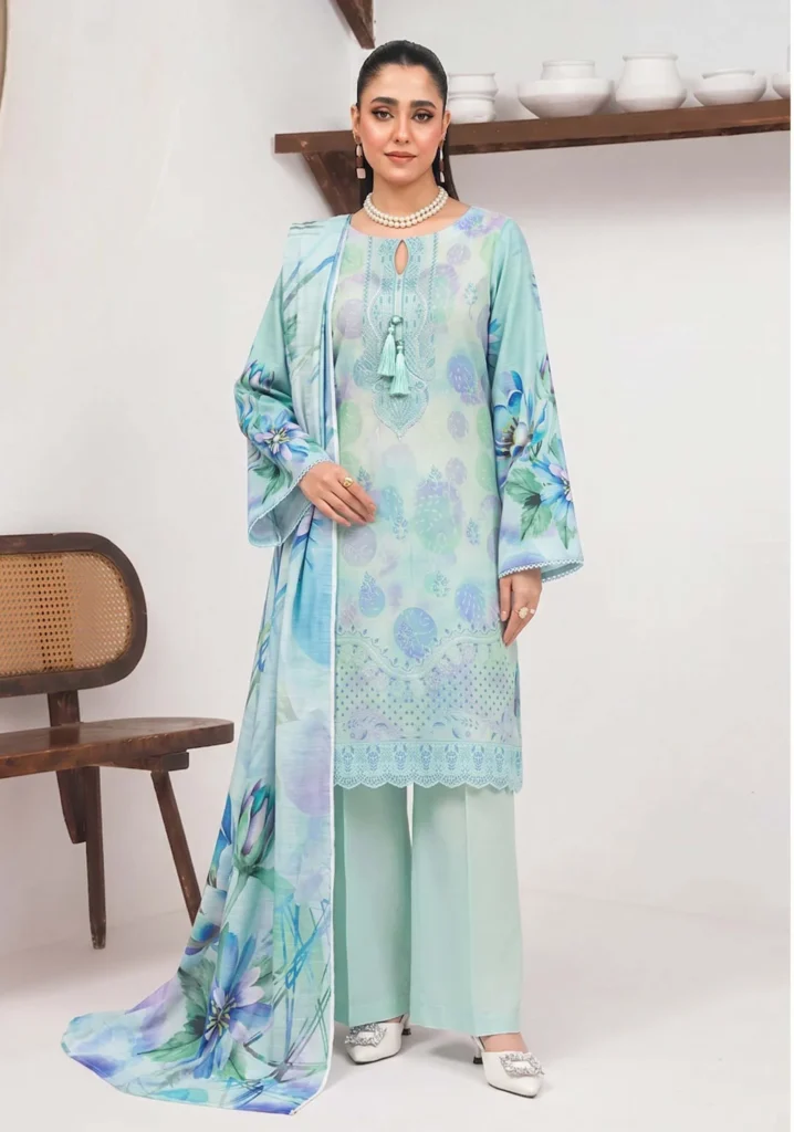 Aab-e-Rumi Mint Floral 3pc Winter Slub | AALAYA