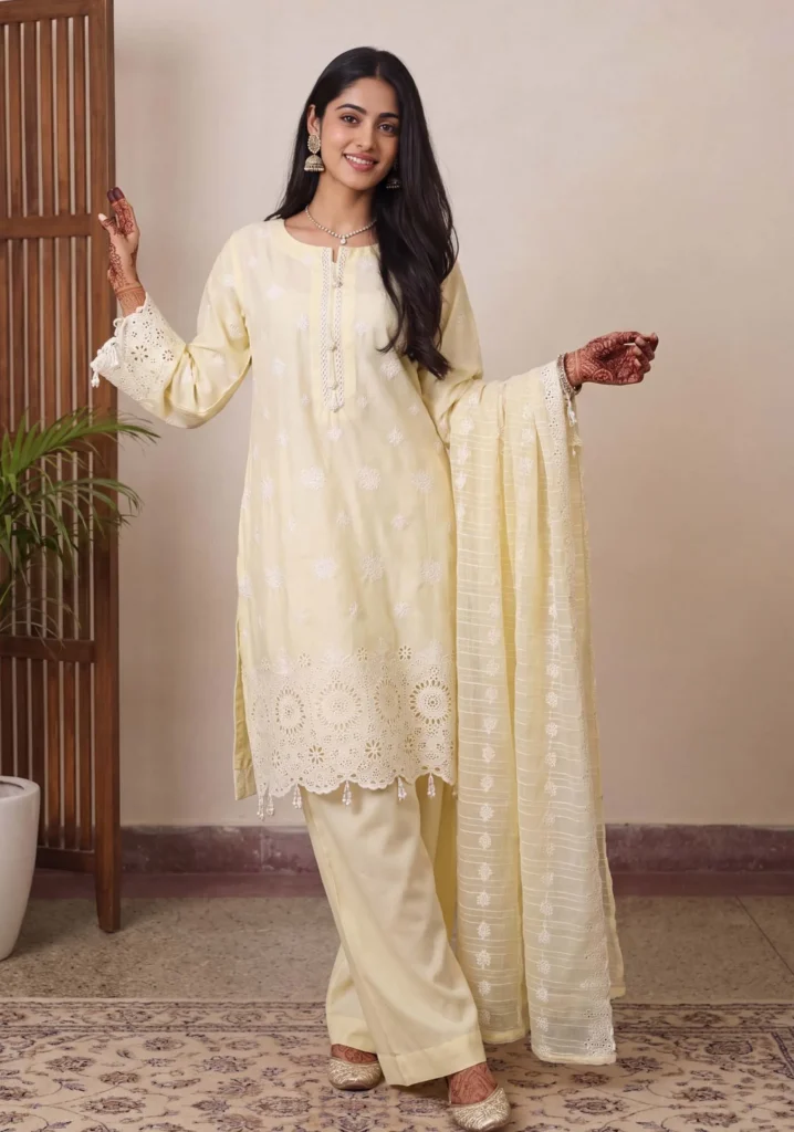 Aafreen Pastel Lemon Schiffli 3-Piece Suit | Dressline