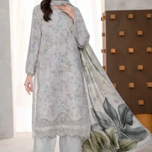 Full view of Aaira Silver Karandi 3-piece suit with digital print and lace dupatta