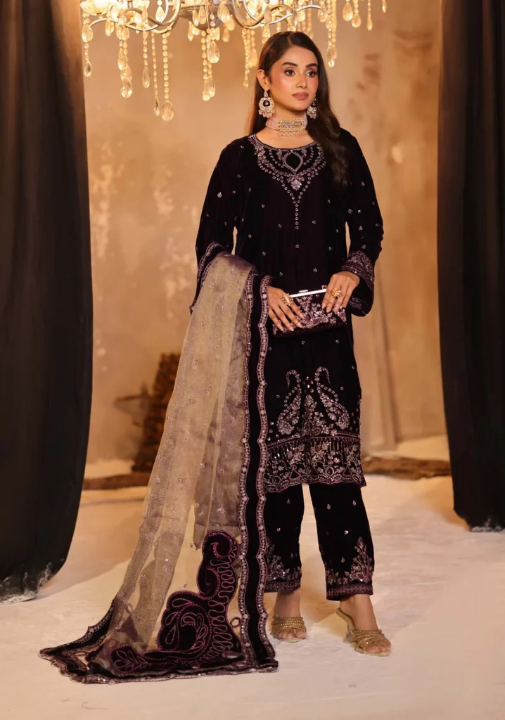Afreen Plum Velvet Handwork Suit | Dr.Haris