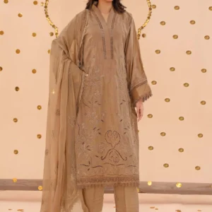 Model wearing taupe embroidered viscose suit by AL Hassan Lehnga House