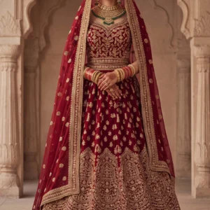 Deep maroon bridal lehenga with golden 3D floral handwork by AL Hassan Lehnga House