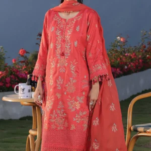 Woman wearing Gul-e-Lal Coral Red 3-Piece Embroidered Suit by AL Hassan Lehnga House