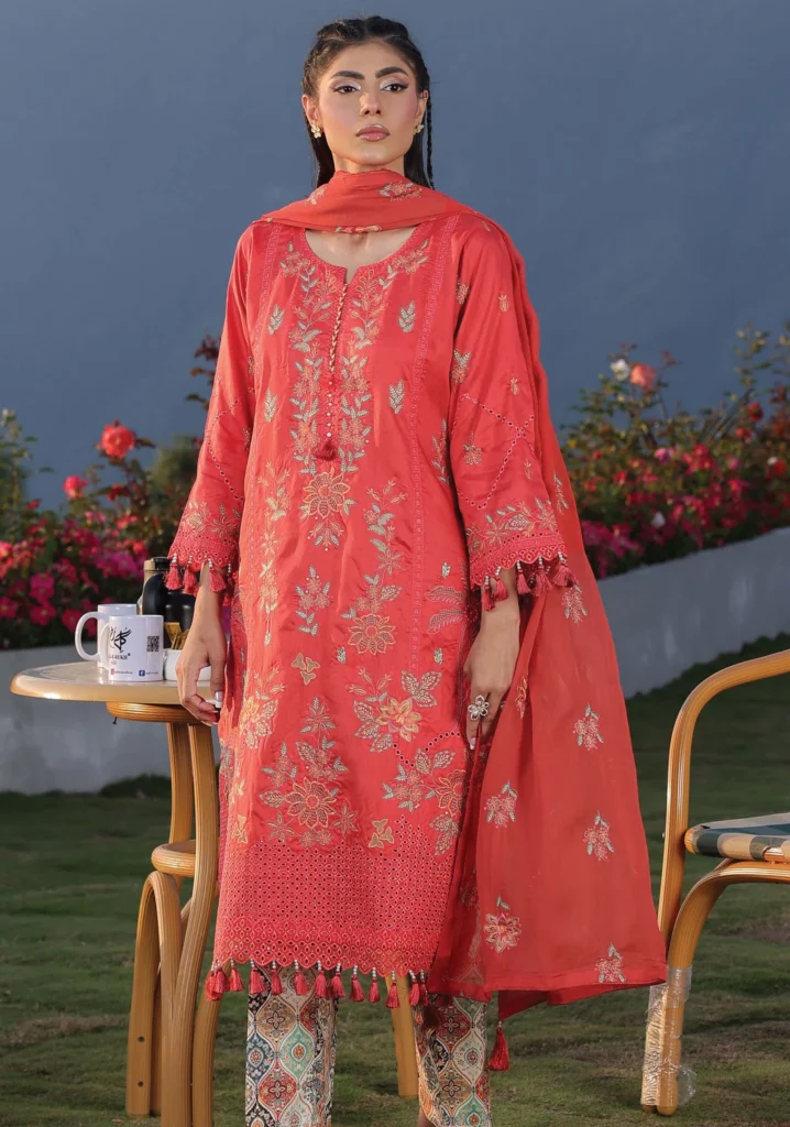 Gul-e-Lal Coral Red Embroidered 3-Piece Suit | GULL-E-RUKH