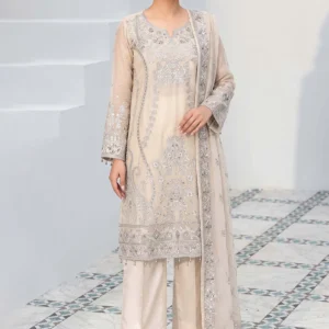 Woman wearing a Pearl Cream A-Line Crinkle suit with silver Tilla work and Tussles