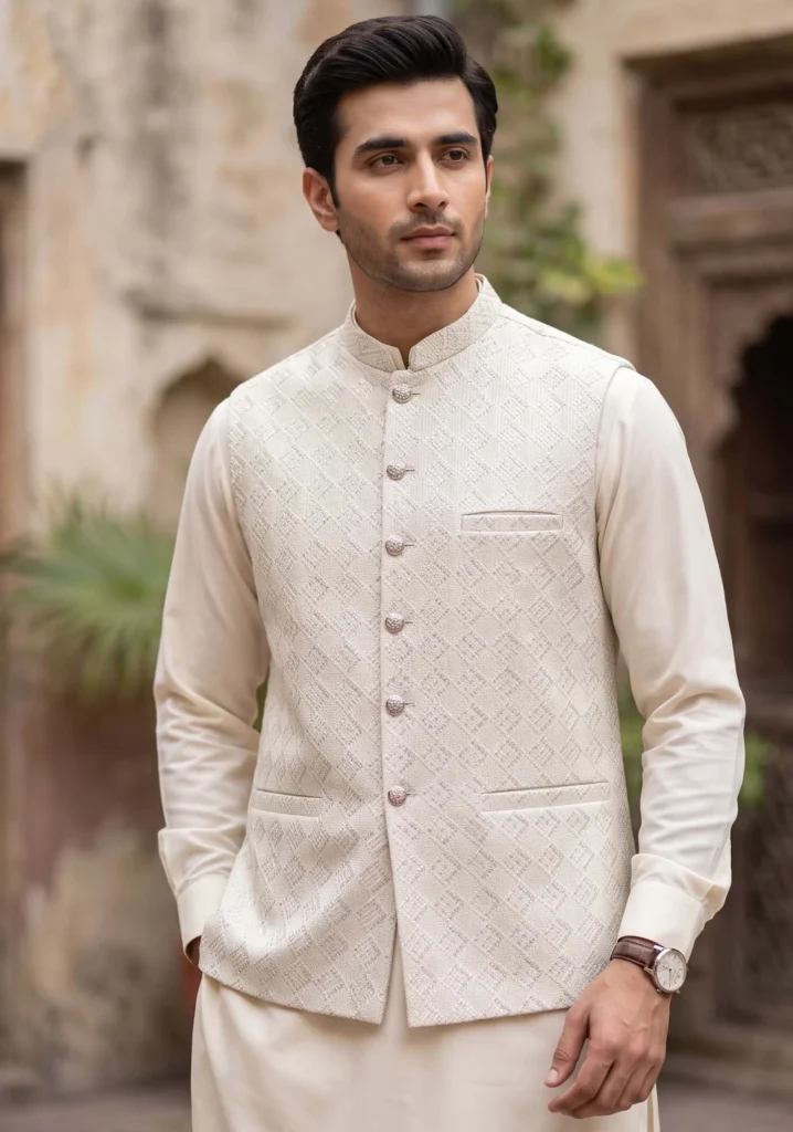 Arsh Off-White Jamawar Waistcoat | AL Hassan Lehnga House