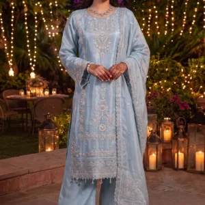Front view of Astra sky blue Shesha silk 3pc suit with pearl detailing by AL Hassan Lehnga House