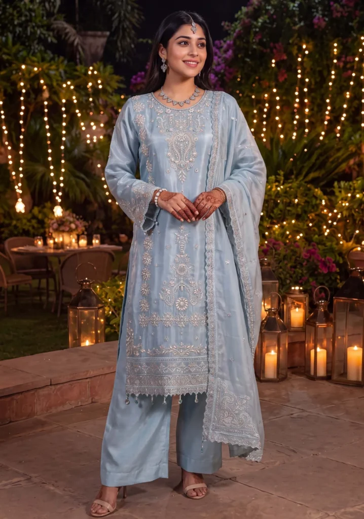 Astra Sky Blue Shesha Silk 3pc Set | Dressline