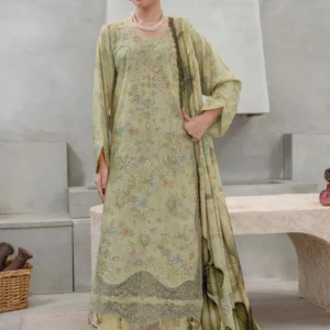 Model wearing a sage green karandi suit with digital print and embroidery by AL Hassan Lehnga House