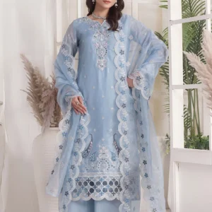Woman wearing blue sheesha silk 3-piece suit by AL Hassan Lehnga House