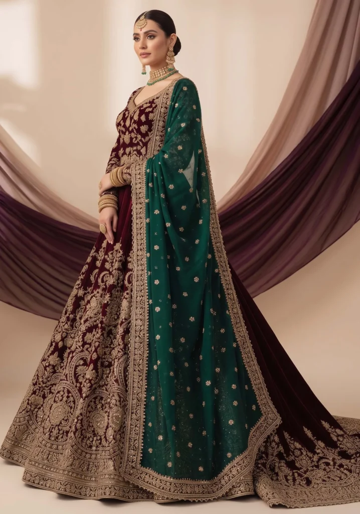Mehtab Maroon Velvet Gown Set | AL Hassan Lehnga House