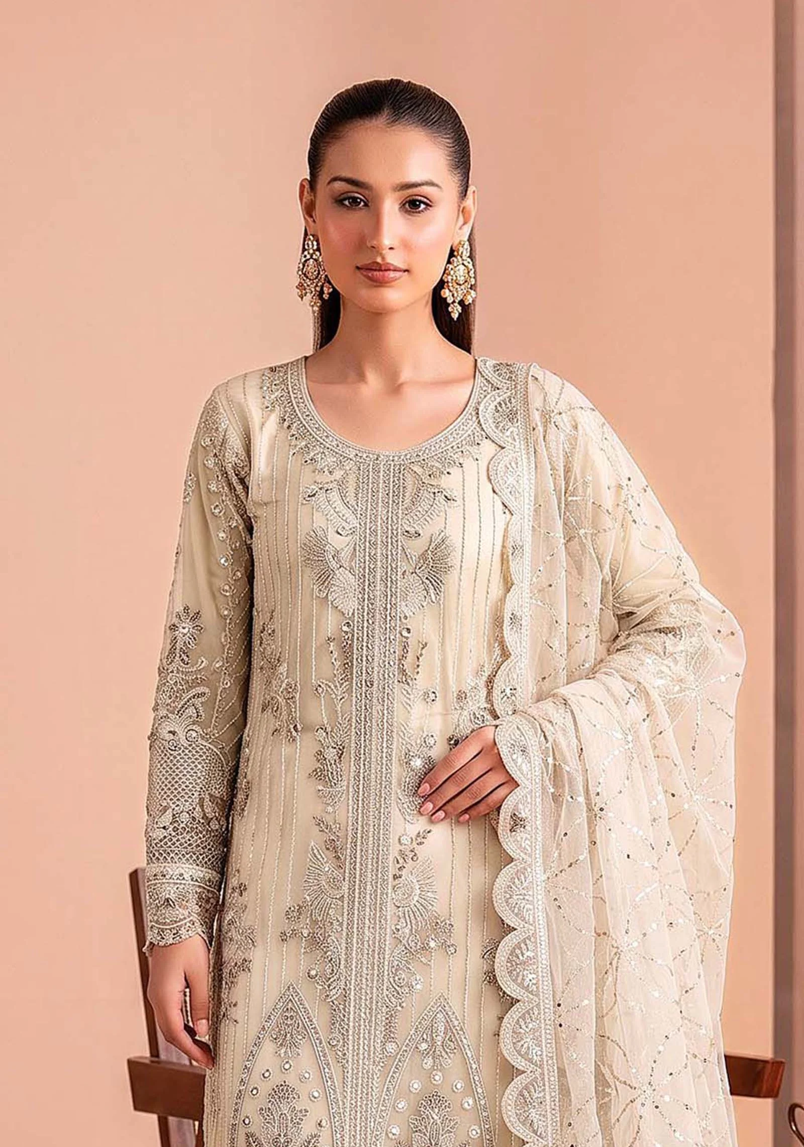 Detailed close-up of neck and shirt embroidery for AL Hassan Lehnga House suit