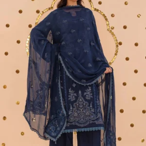 Full view of Daria Indigo Navy Embroidered Viscose 3pc Suit by AL Hassan Lehnga House