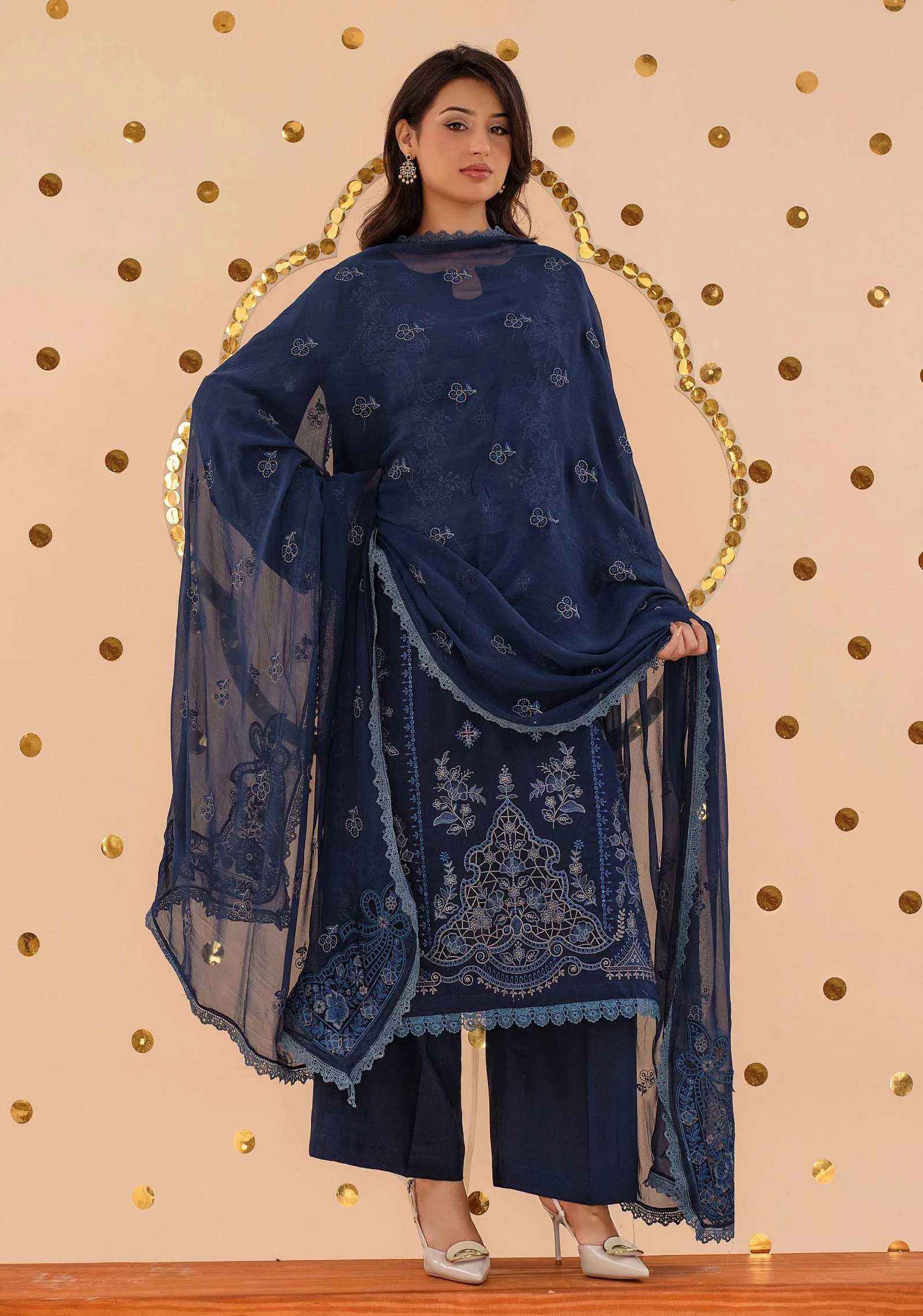 Full view of Daria Indigo Navy Embroidered Viscose 3pc Suit by AL Hassan Lehnga House