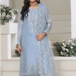Front view of a model wearing a sky blue Lawa Silk 3-piece suit with silver embellishments by AL Hassan Lehnga House
