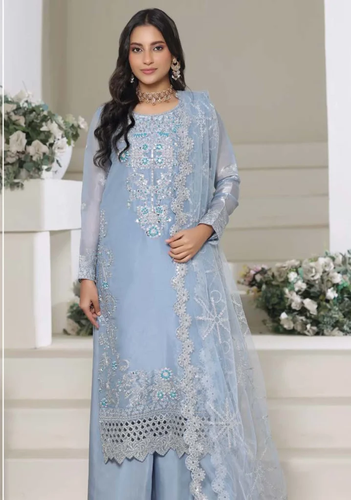 Dariya Sky Blue Lawa Silk 3pc Suit | Motis Fashion