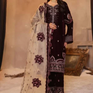 Dastaan Maroon Velvet Suit with Cut Dana and Adda Takai Handwork by AL Hassan Lehnga House