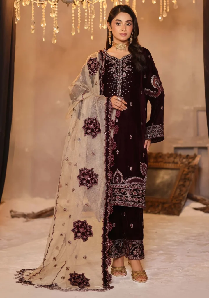 Dastaan Maroon Velvet Handwork Suit | Dr.Haris