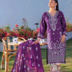 Woman wearing a deep purple Pakistani 3-piece lawn suit with white embroidery